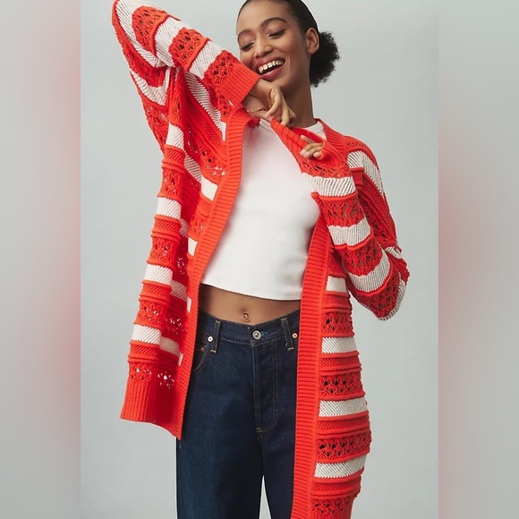 Maeve Anthropologie Crochet Open Cardigan Sweater Orange & White Size Medium - Picture 1 of 9
